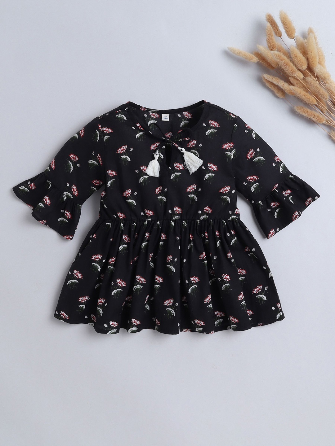 

The Magic Wand Girls Floral Print Bell Sleeve Tie-Ups Detail Cotton Peplum Top, Black