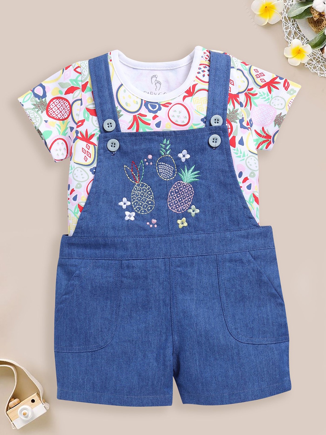 

BABY GO Boys Printed Cotton Dungaree With T-Shirt, Navy blue