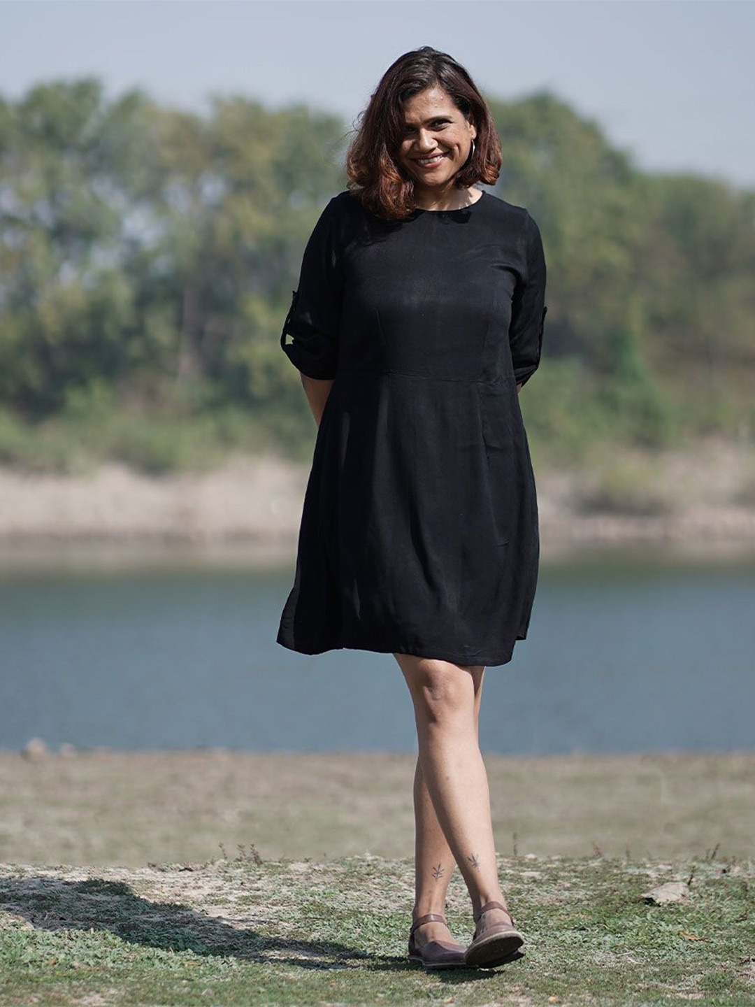 

Chidiyaa Women Sway Flutter Handwoven Bamboo A-Line Dress, Black
