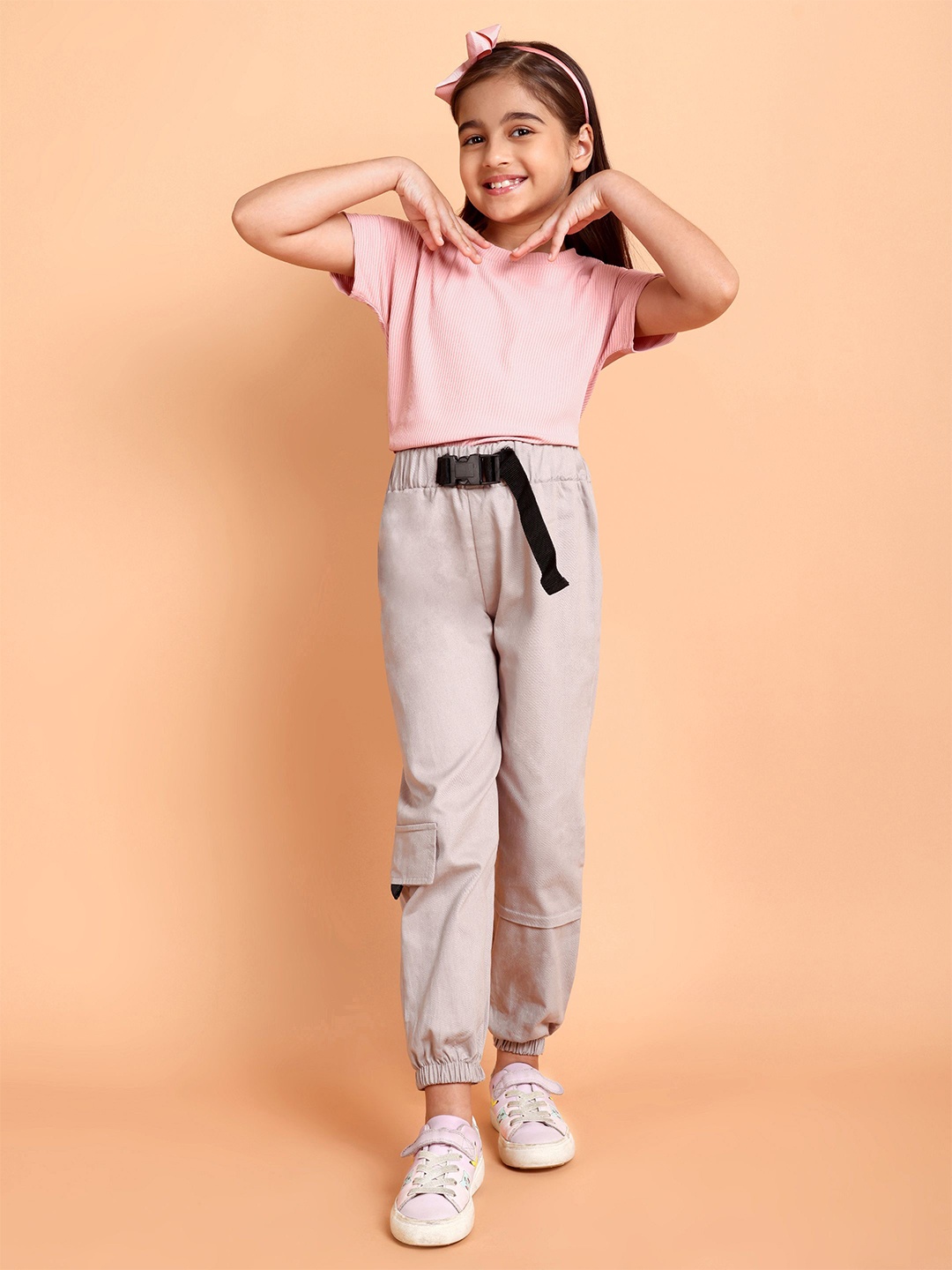

YK Girls Round Neck Pure Cotton T-Shirt With Cargo Jogger, Pink