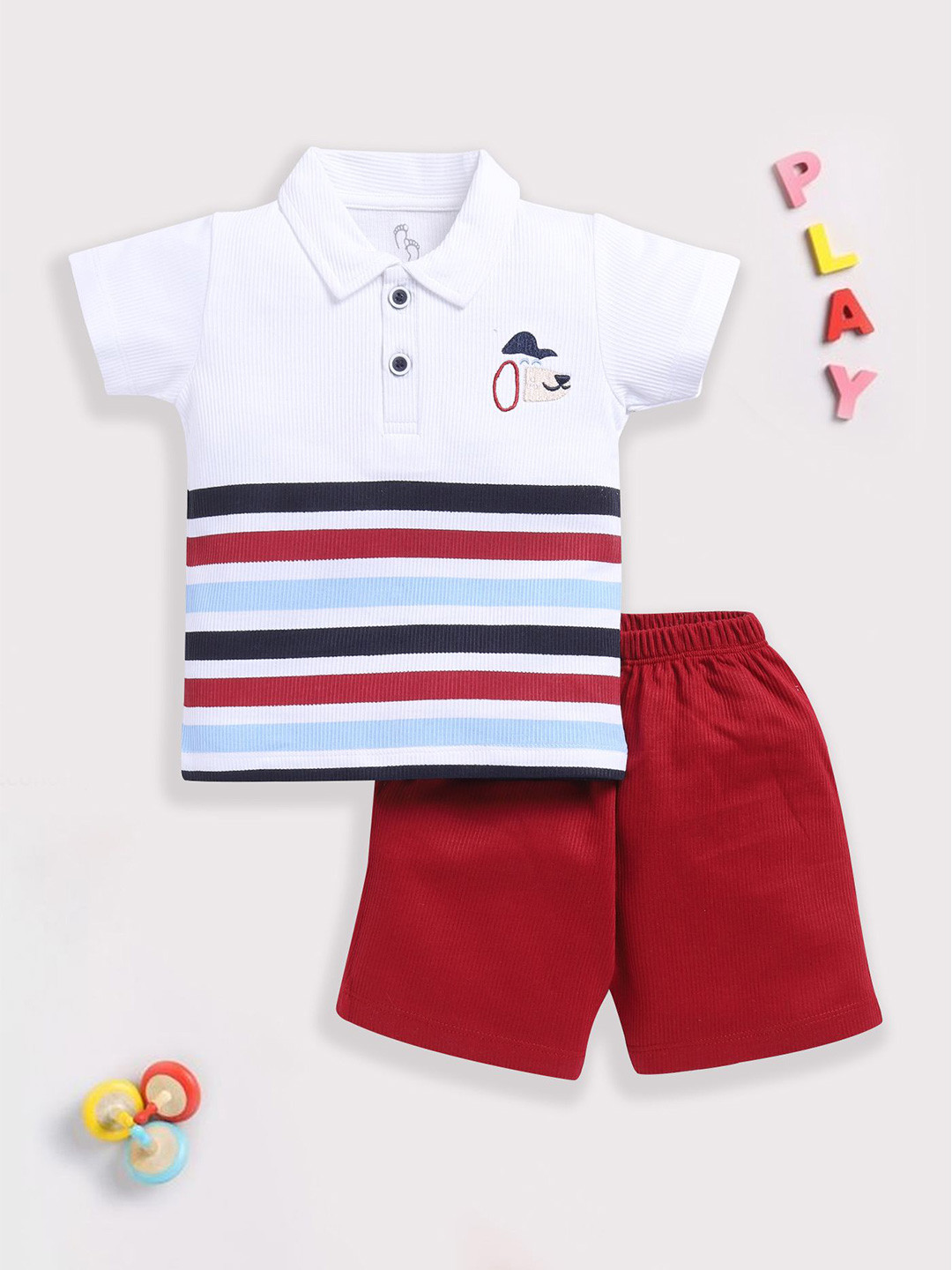 

BABY GO Boys Striped Polo Collar T-Shirt With Shorts, Red