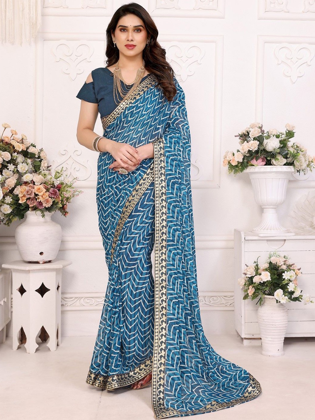 

KALINI Ethnic Motifs Printed Gotta Patti Saree, Blue