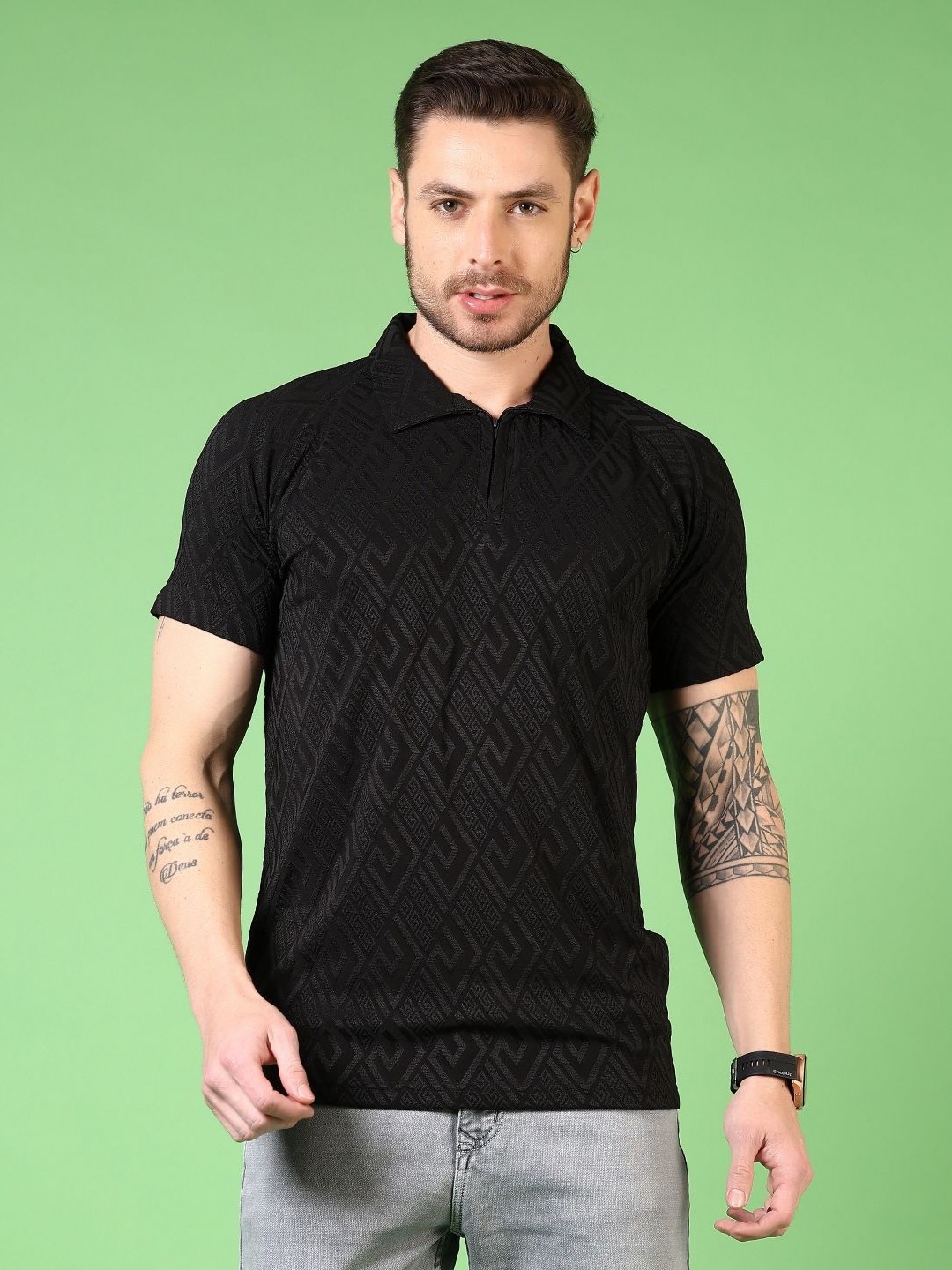 

V-Mart Men Self Design Polo Collar Cotton T-shirt, Black