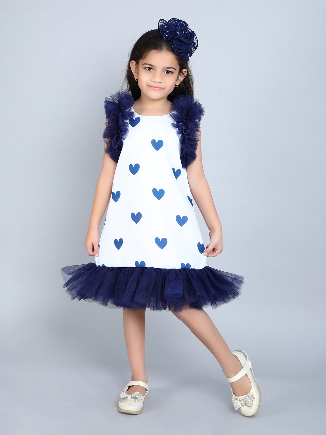 

Pink Chick Girls Heart Printed Flutter Sleeve Cotton A-Line Dress, White