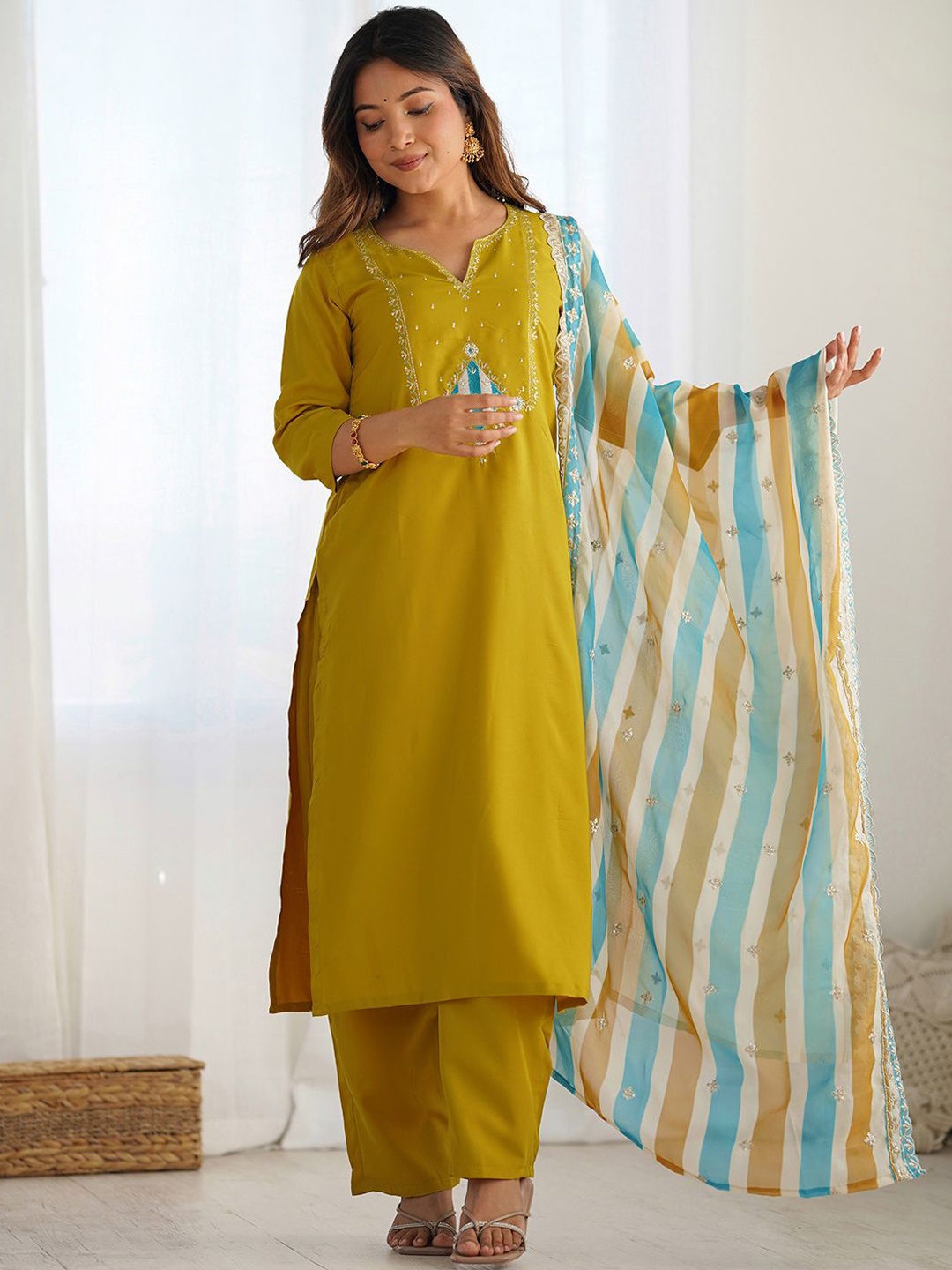 

SKYLEE Floral Embroidered Notch-Neck Straight Sequinned Kurta With Trousers And Dupatta, Mustard