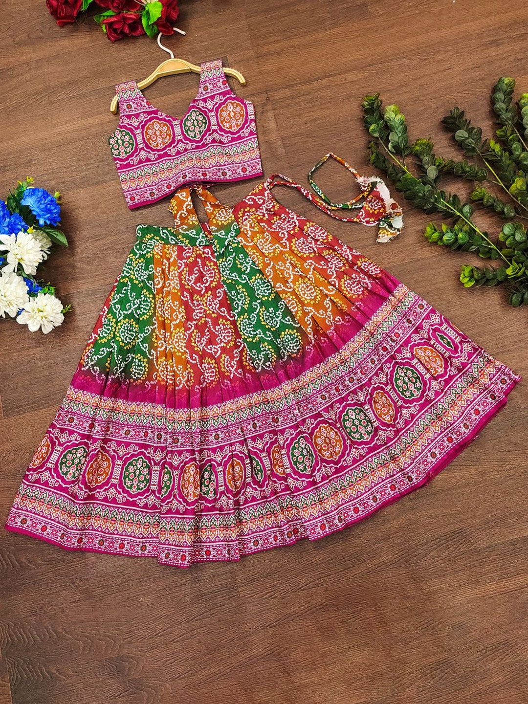 

BAESD Girls Bandhani Printed V-Neck Ready to Wear Lehenga With Blouse, Magenta