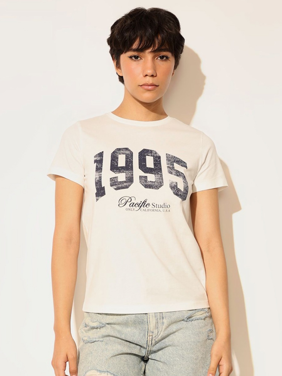 

ONLY Women Typography Printed Round Neck Cotton T-shirt, White