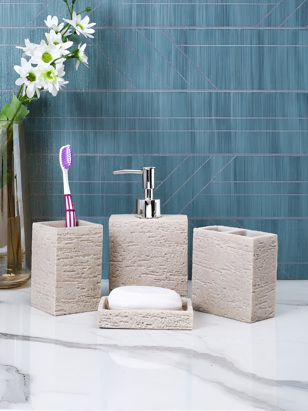 

Myntra Elegant Homes Cream 4 Pieces Textured Resin Bath Accessories Set