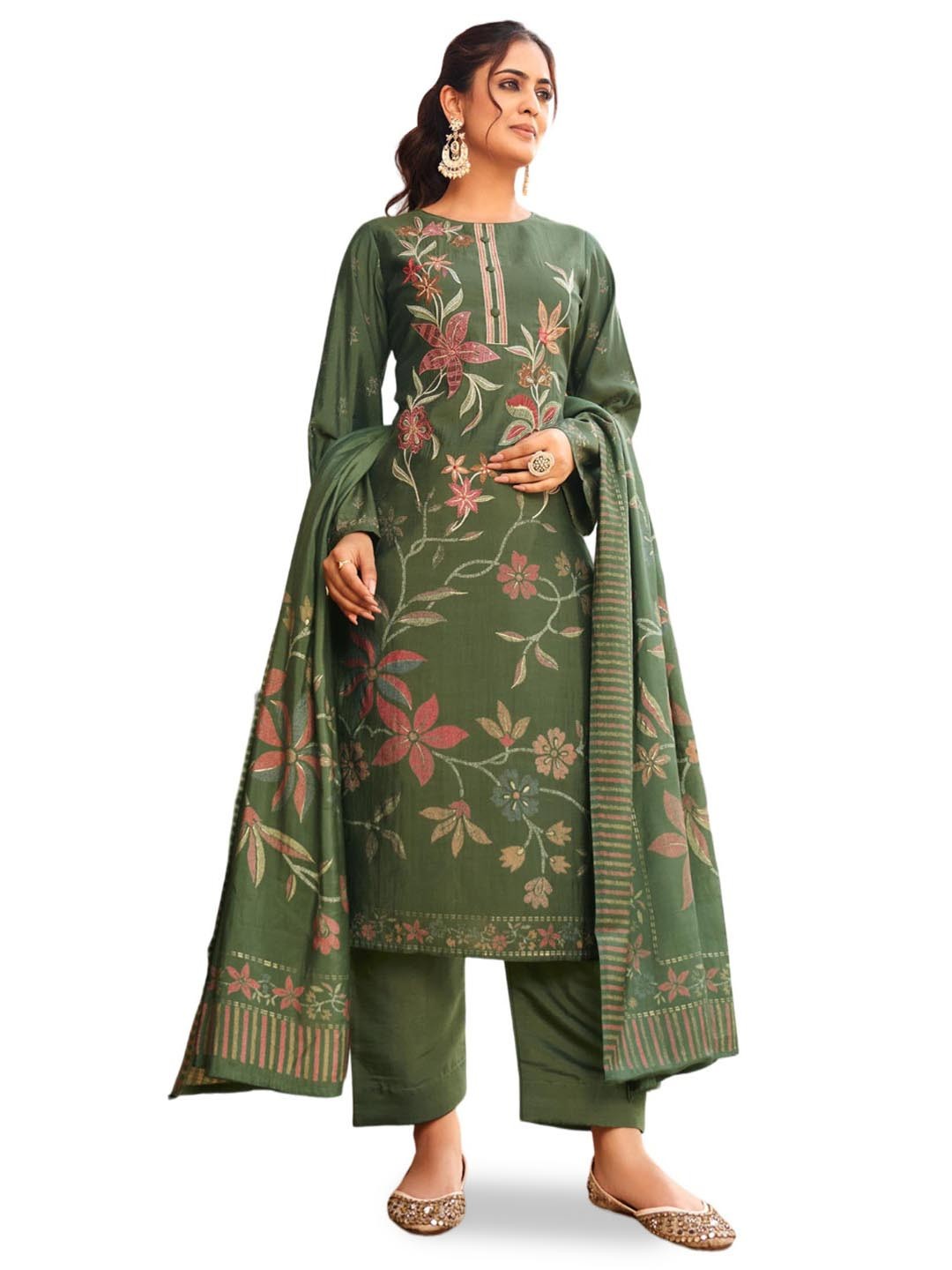 

DRAVINAM Trends Floral Embroidered Pure Cotton Unstitched Dress Material, Green