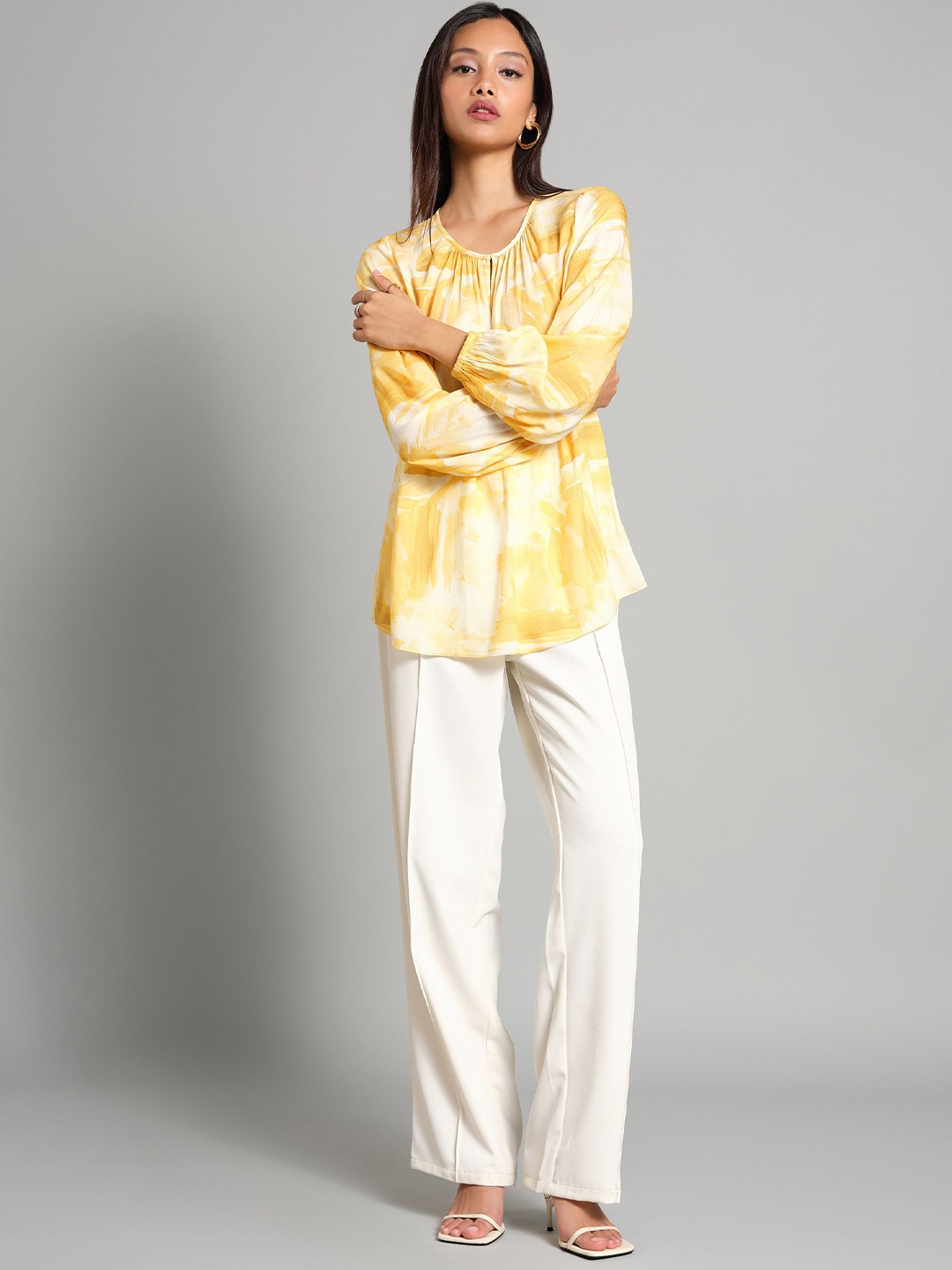 

AND Women Abstract Printed Round Neck Top, Yellow