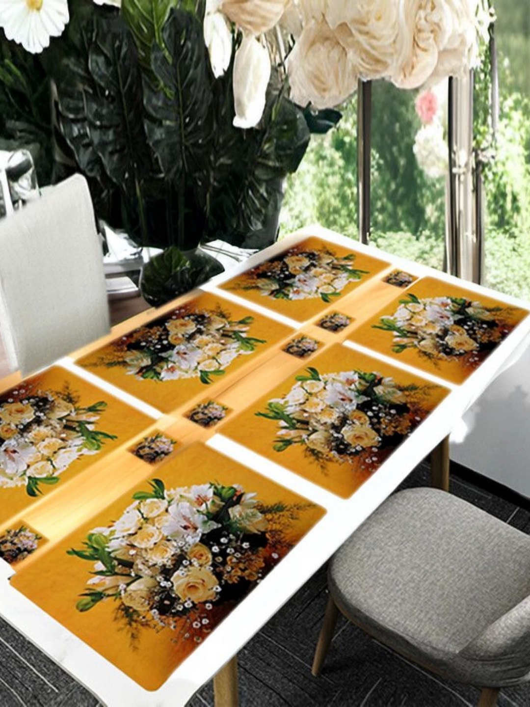 

REVEXO Yellow & White 12 Pieces Floral Printed Table Placemats & Coasters