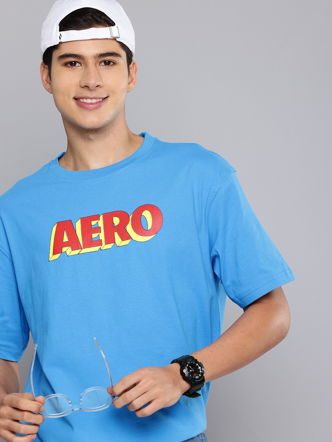 

Aeropostale Brand Logo Printed Drop-Shoulder Sleeves Relaxed Fit Pure Cotton Tshirt, Blue