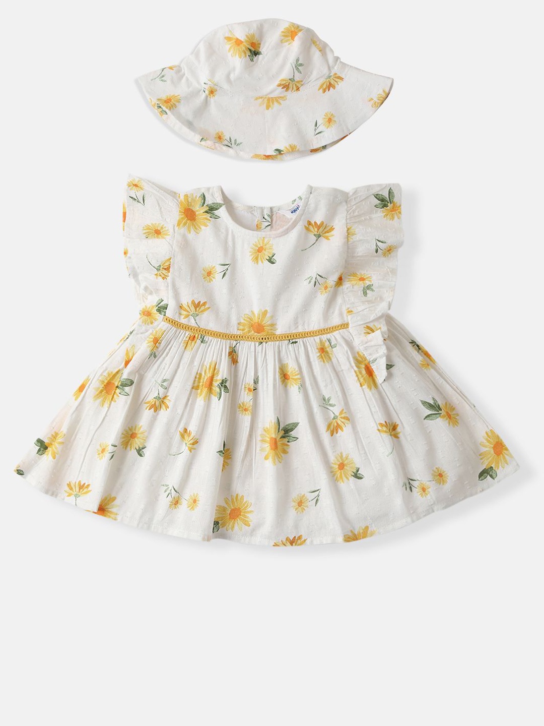 

Nauti Nati Girls Cotton Floral Print Frock With Bucket Hat, White