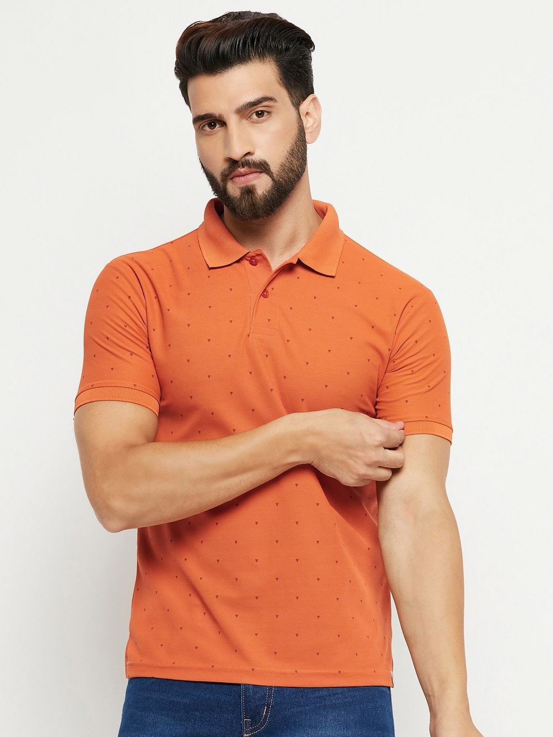 

RENUOVO Men Geometric Printed Polo Collar Cotton T-shirt, Rust