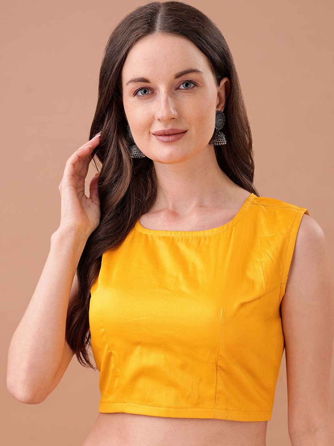 

Tikhi Imli Women Round Neck Sleeveless Saree blouse, Yellow