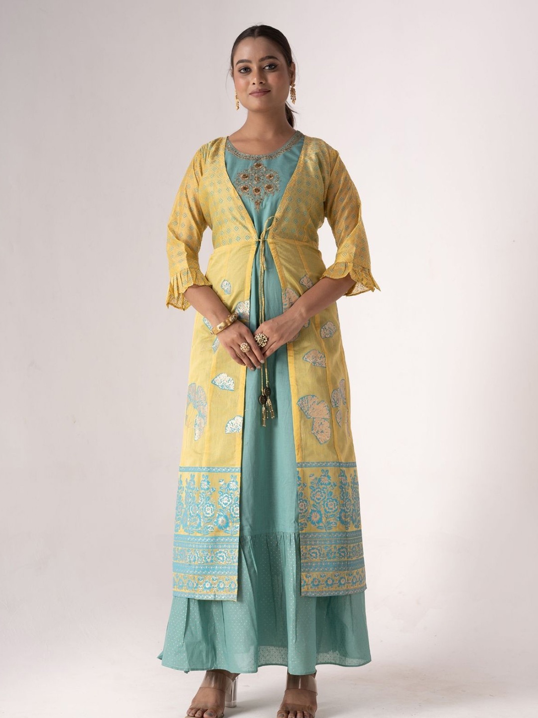 

ODETTE Floral Embroidered Semi-Stitched Dress Material, Teal