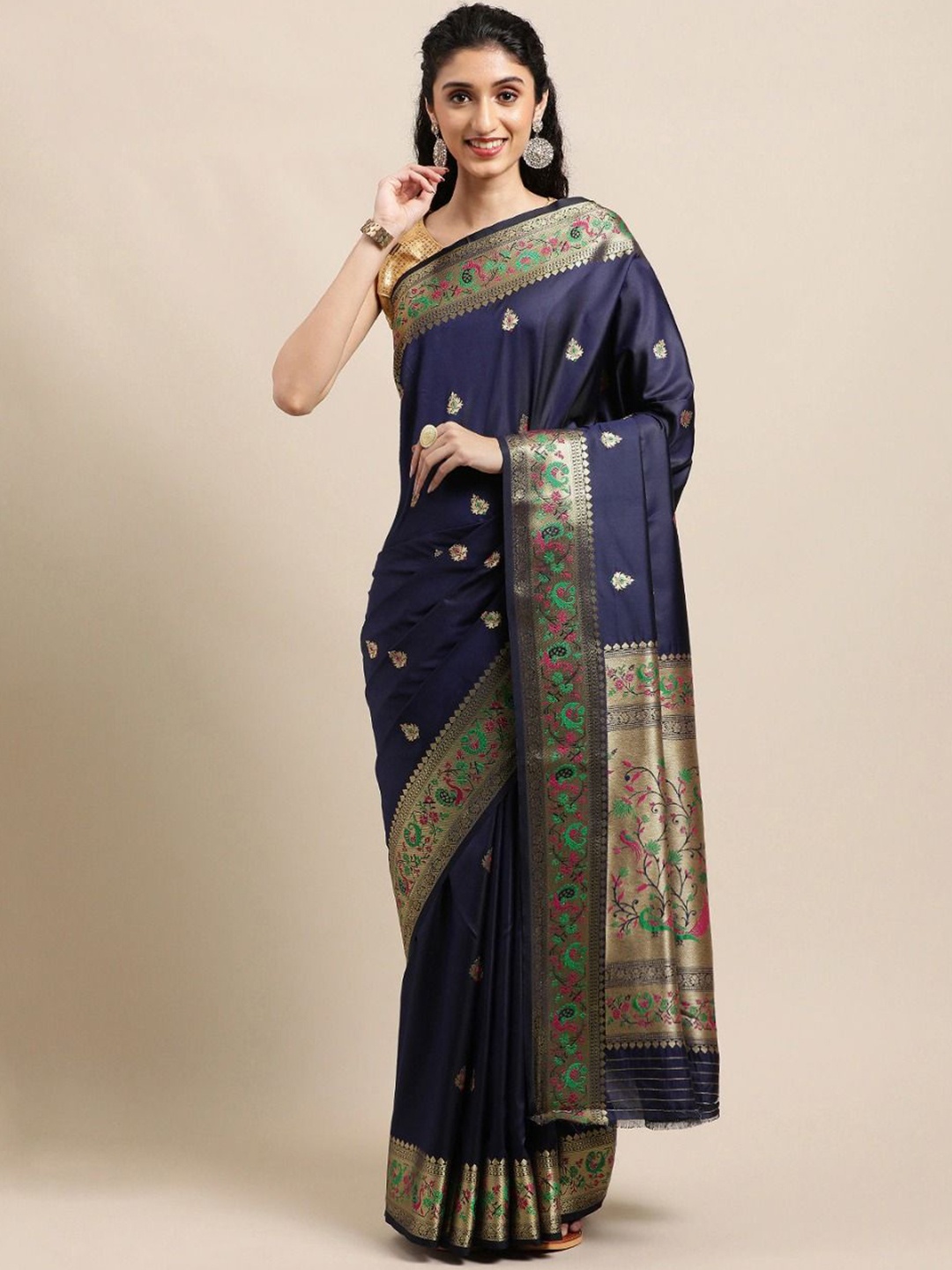 

DIVASTRI Woven Design Zari Paithani Saree, Navy blue