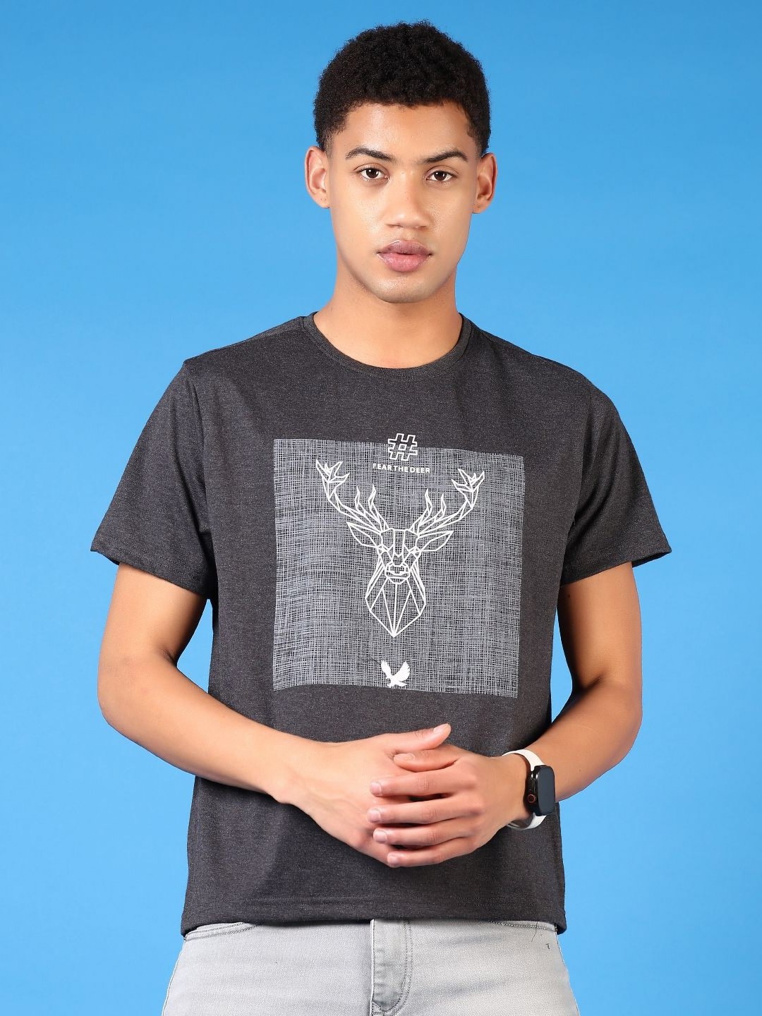

V-Mart Men Graphic Printed Round Neck Cotton T-shirt, Charcoal
