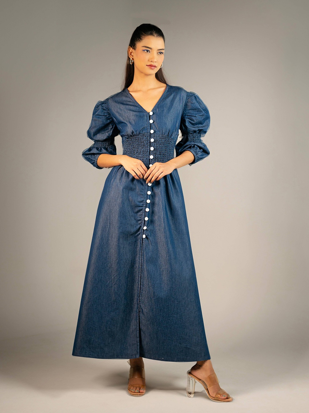 

ONSKA Women Denim A-Line Maxi Dress, Blue