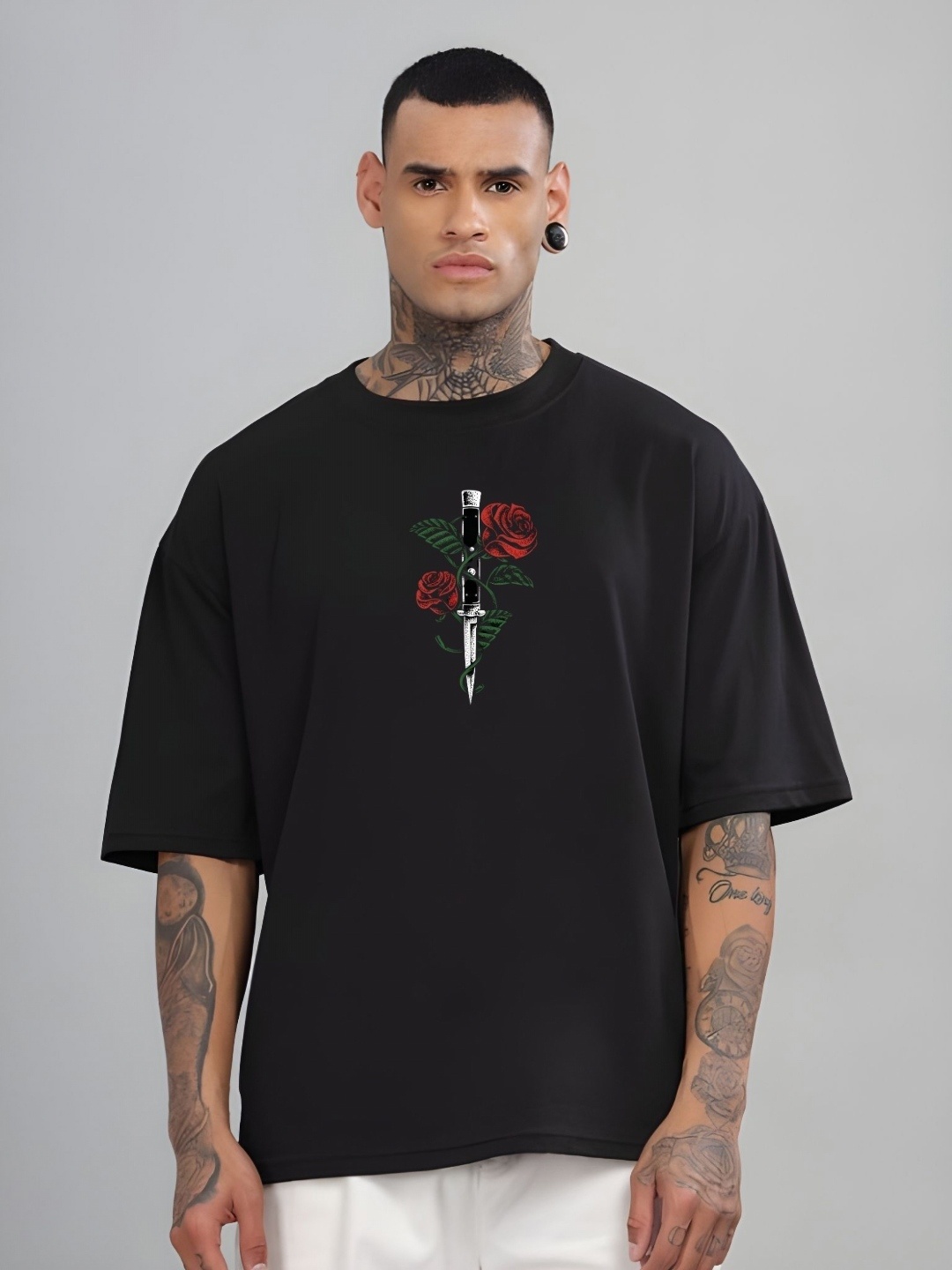 

Moda Rapido Men Floral Printed Round Neck Cotton Oversized T-shirt, Black