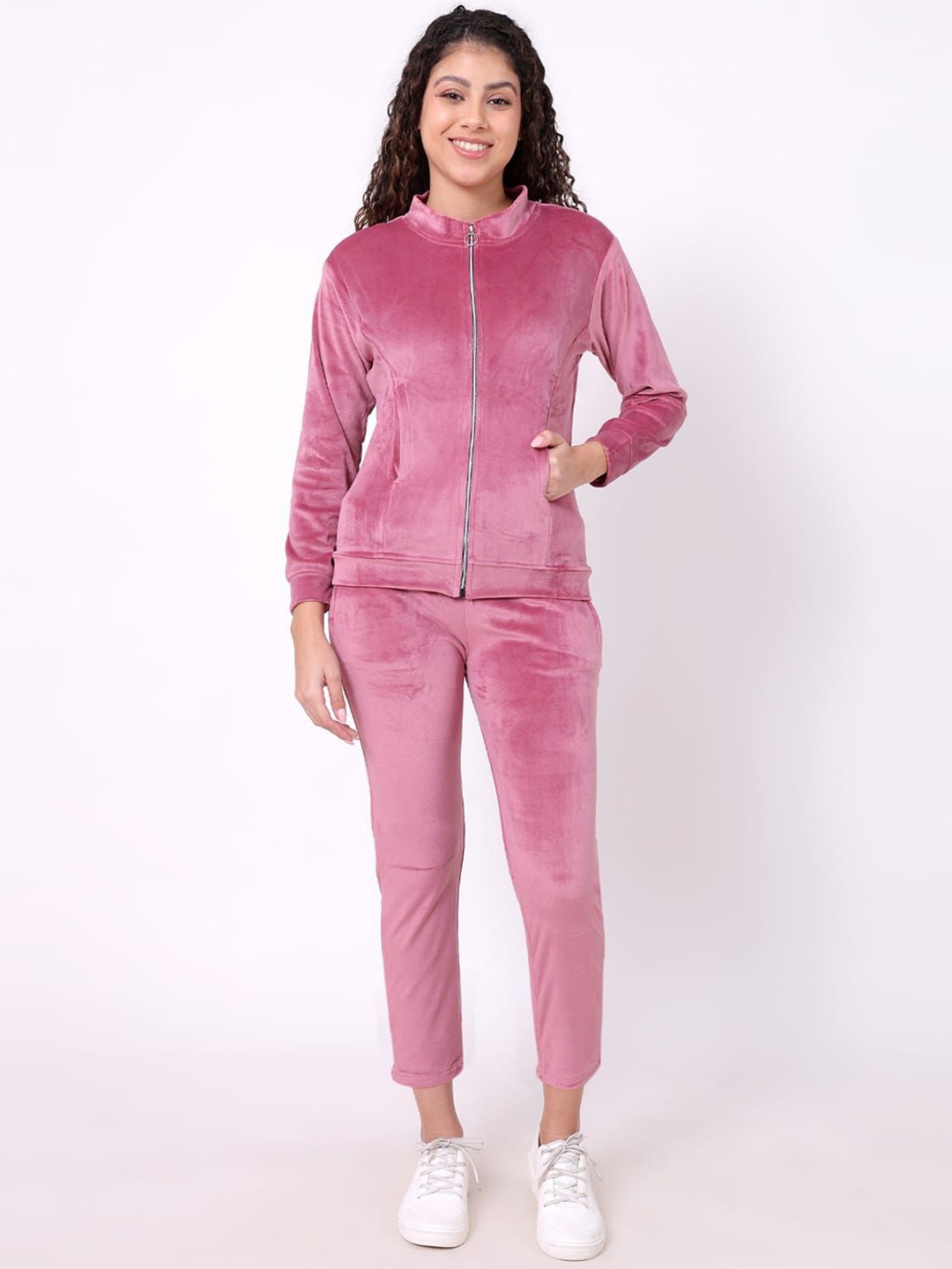 

FELLAMO Women Velour Mock Collar Tracksuit, Pink