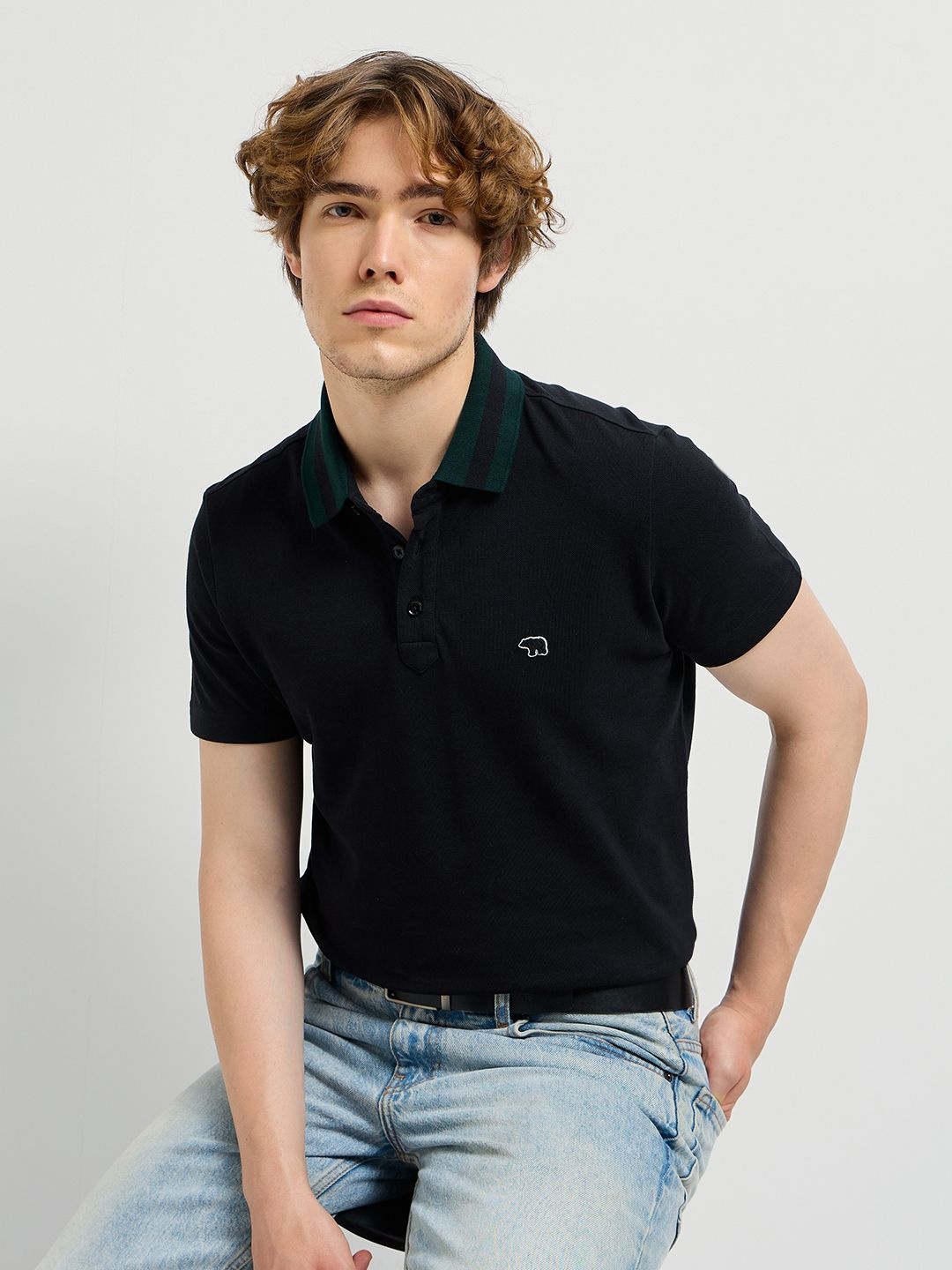 

THE BEAR HOUSE Men Solid Polo Collar Cotton T-shirt, Black