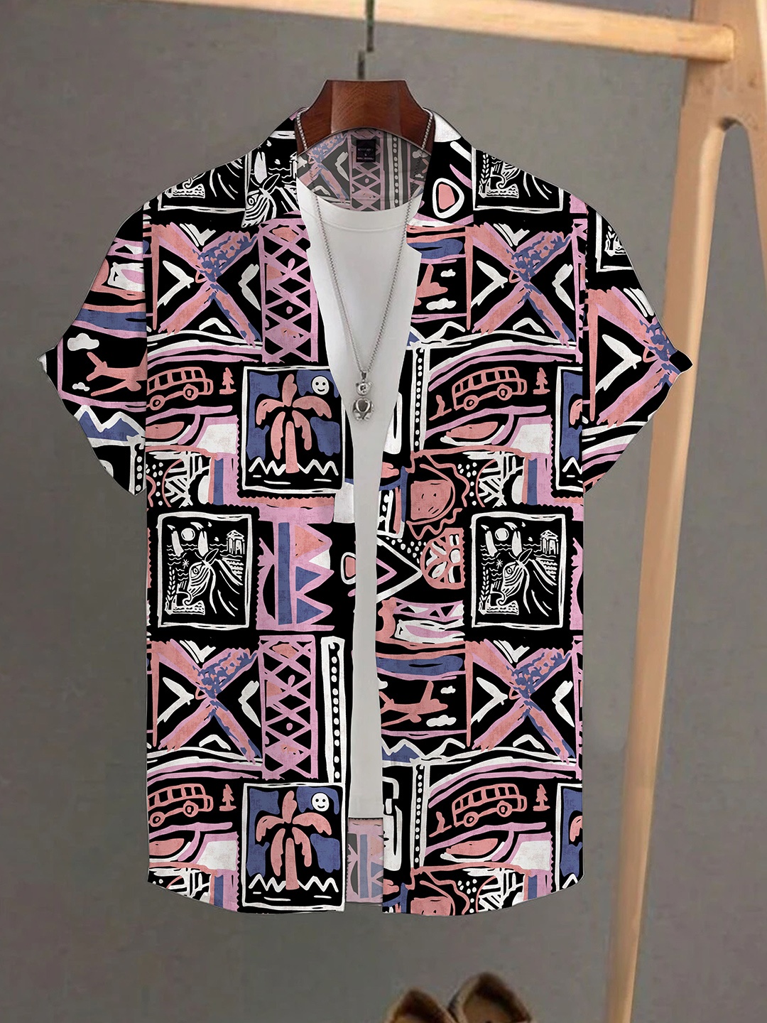 

iCome Men Slim Fit Spread Collar Abstract Printed Casual Shirt, Black