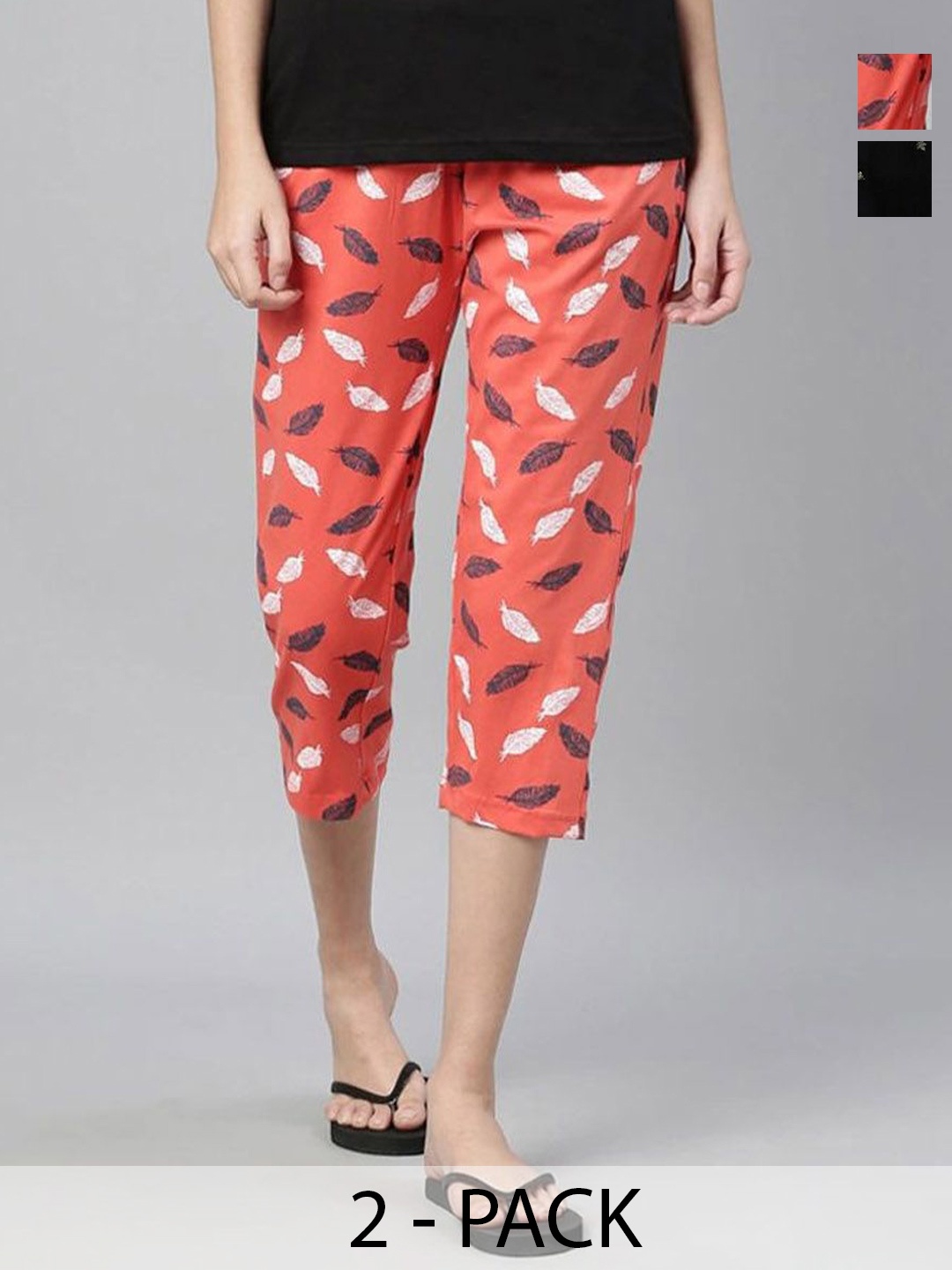 

Kryptic Women Pack of 2 Cotton Printed Capris, Orange