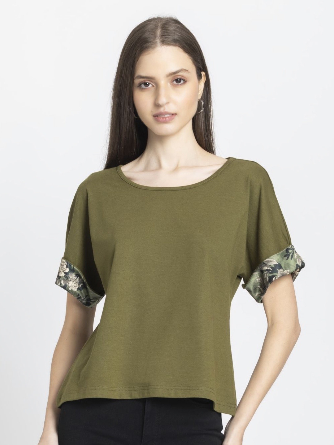 

SHAYE Women Solid Round Neck Cotton Relaxed Fit T-shirt, Olive