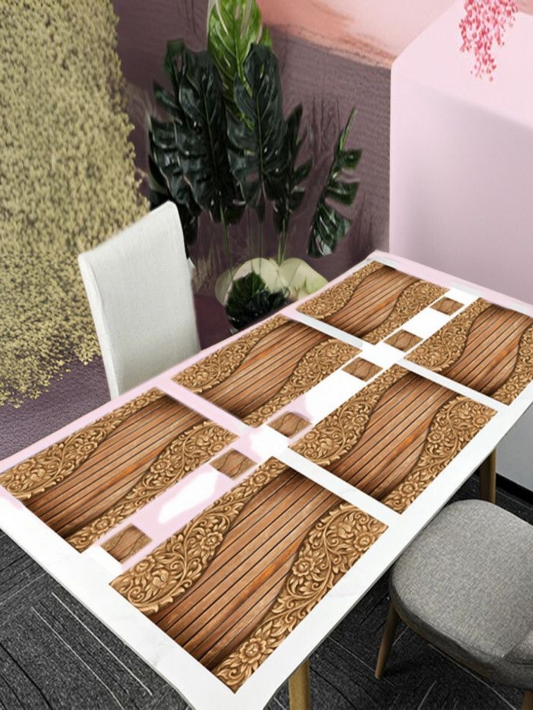 

REVEXO Brown 12 Pieces Floral Printed Rectangle Table Placemats With Costers