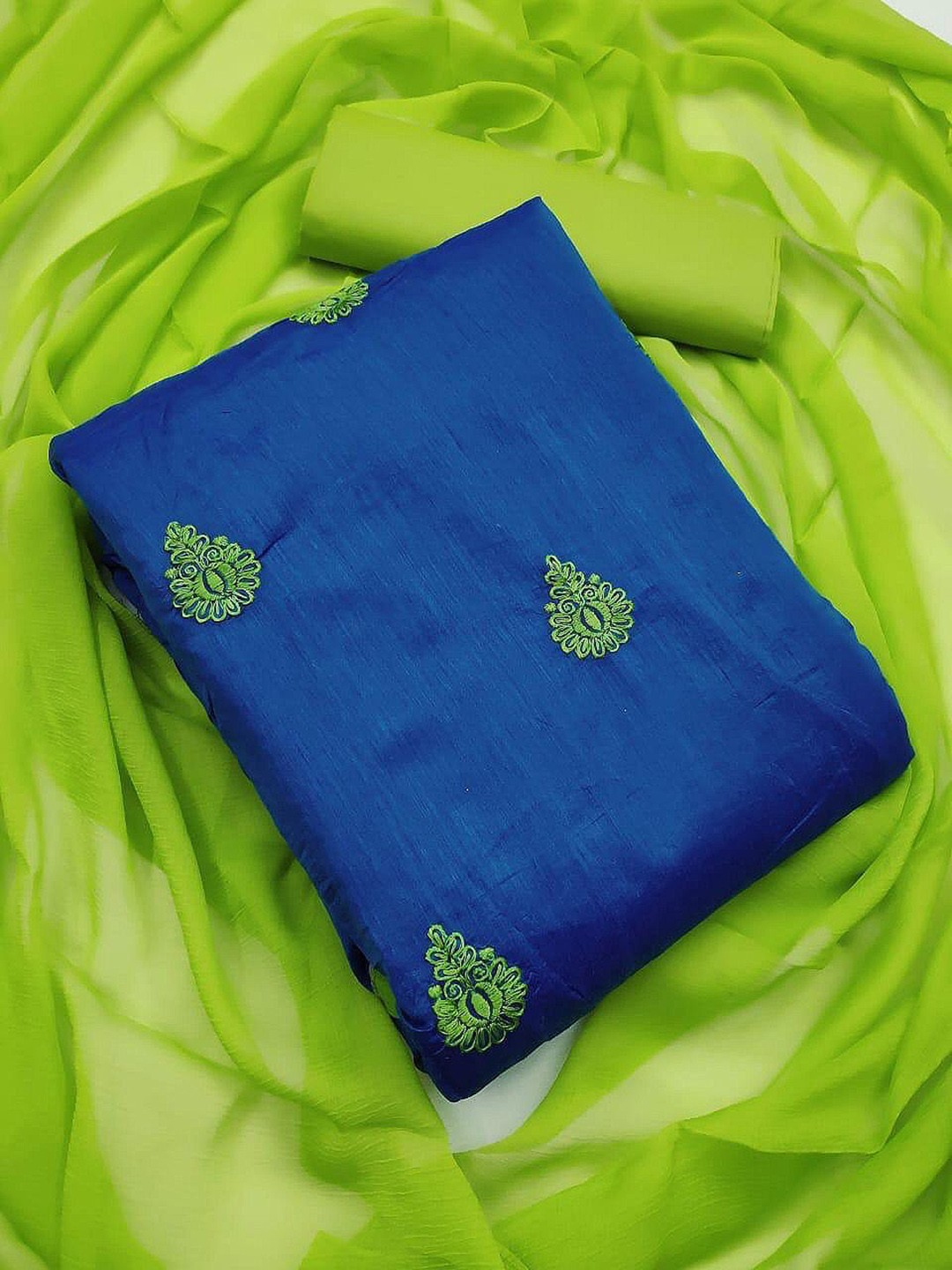 

KALINI Ethnic Motifs Embroidered Thread Work Chanderi Unstitched Dress Material, Blue