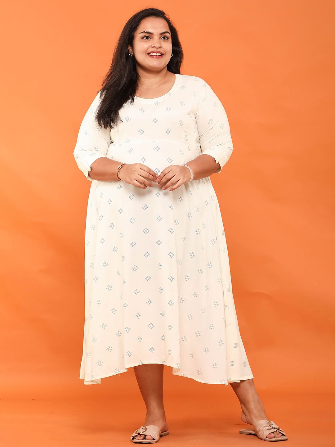 

EASY 2 WEAR Women Printed Fit & Flare Midi Dress, White