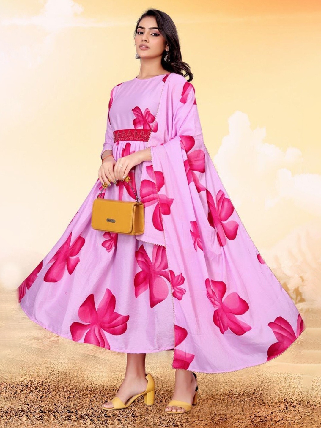 

Jash Creation Floral Print Crepe Fit & Flare Maxi Dress, Pink
