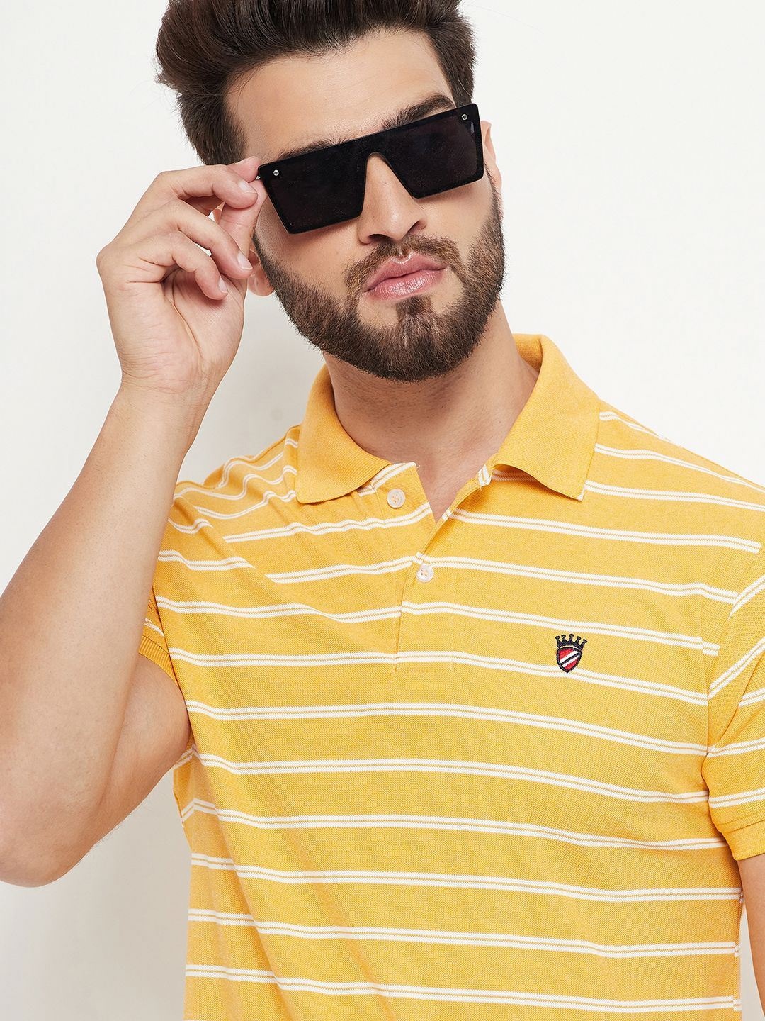 

RELANE Men Striped Polo Collar T-shirt, Mustard