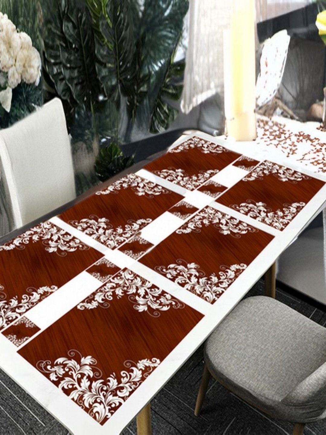 

REVEXO 6Pc Brown & White Printed Rectangle Costers & Table Placemats