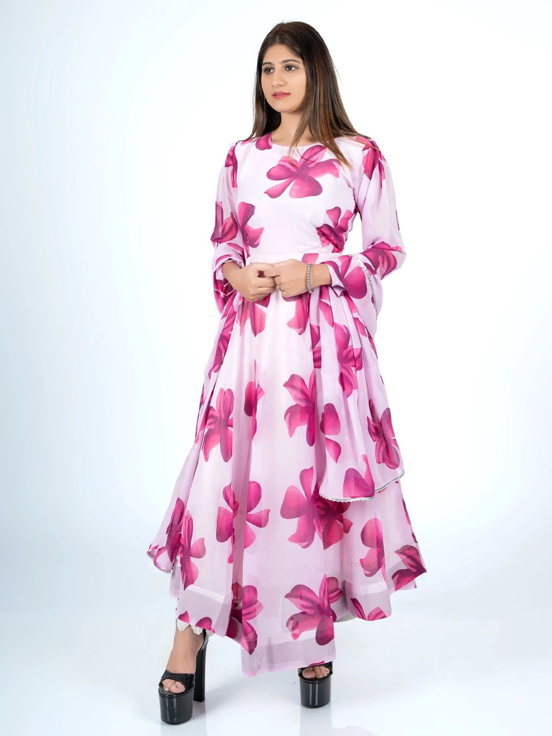 

Raiyani Fashion Women Cotton Floral Printed Maxi Ethnic Dress With Dupatta, White