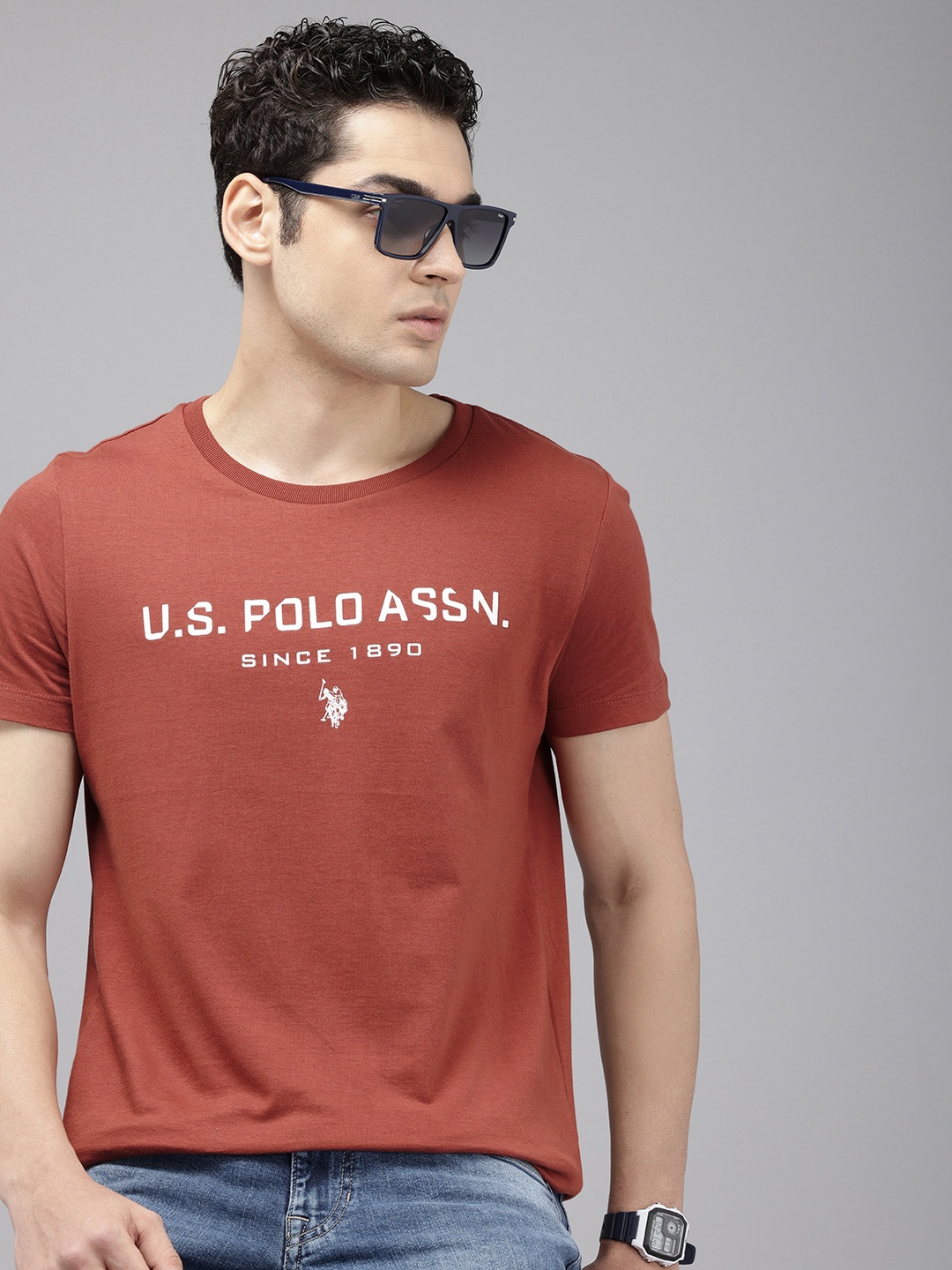 

U.S. Polo Assn. Pure Cotton Brand Logo Printed Slim Fit T-shirt, Rust