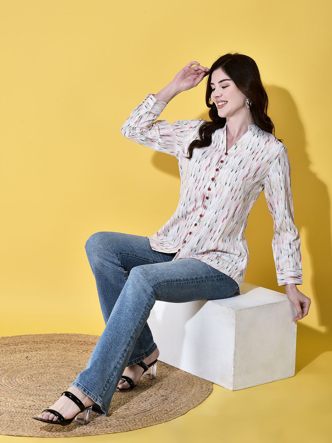 

FUTURO Women Mandarin Collar Shirt Style Top, Off white