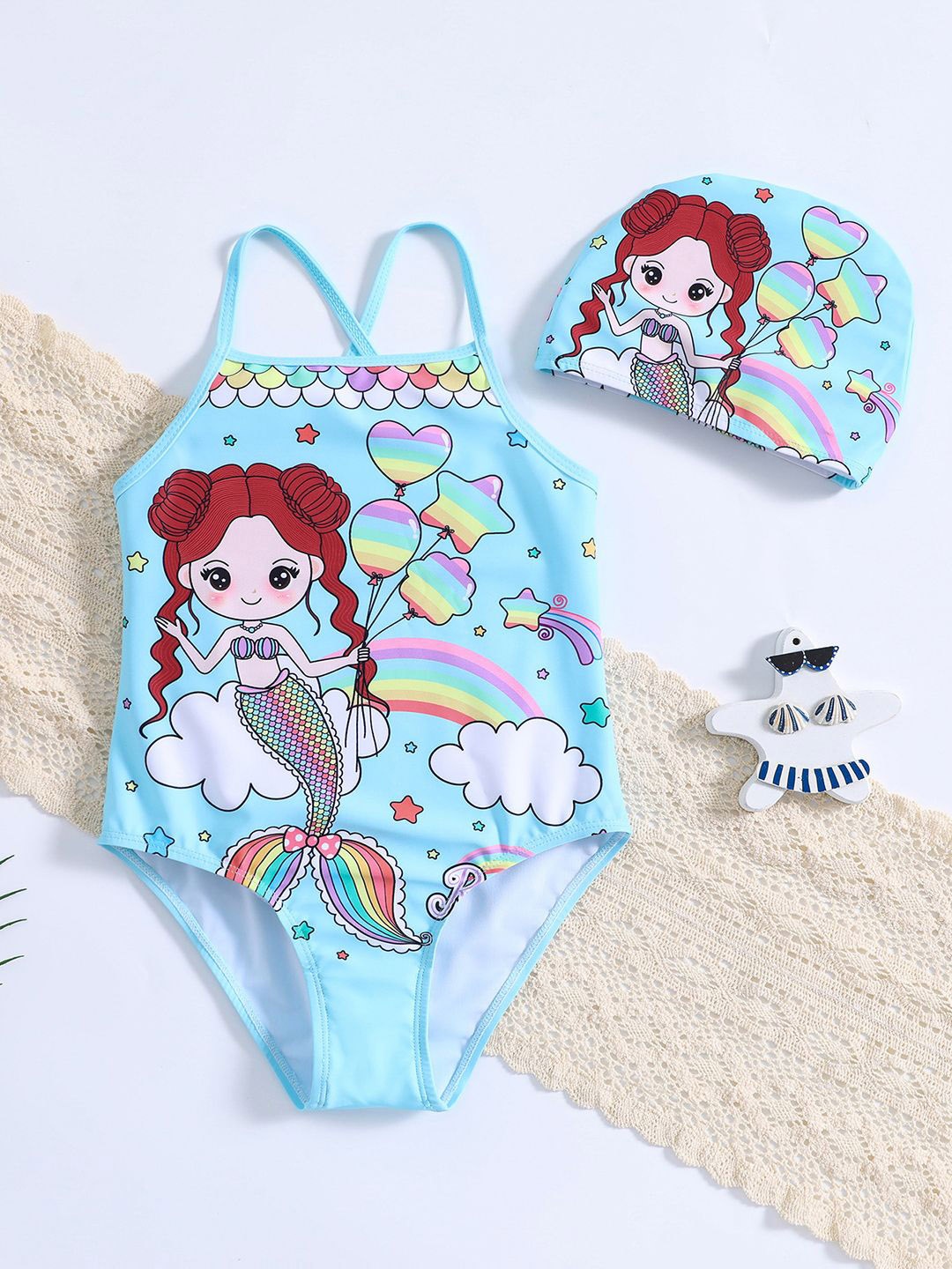 

YK Girls Printed Swimwear Bodysuit, Blue