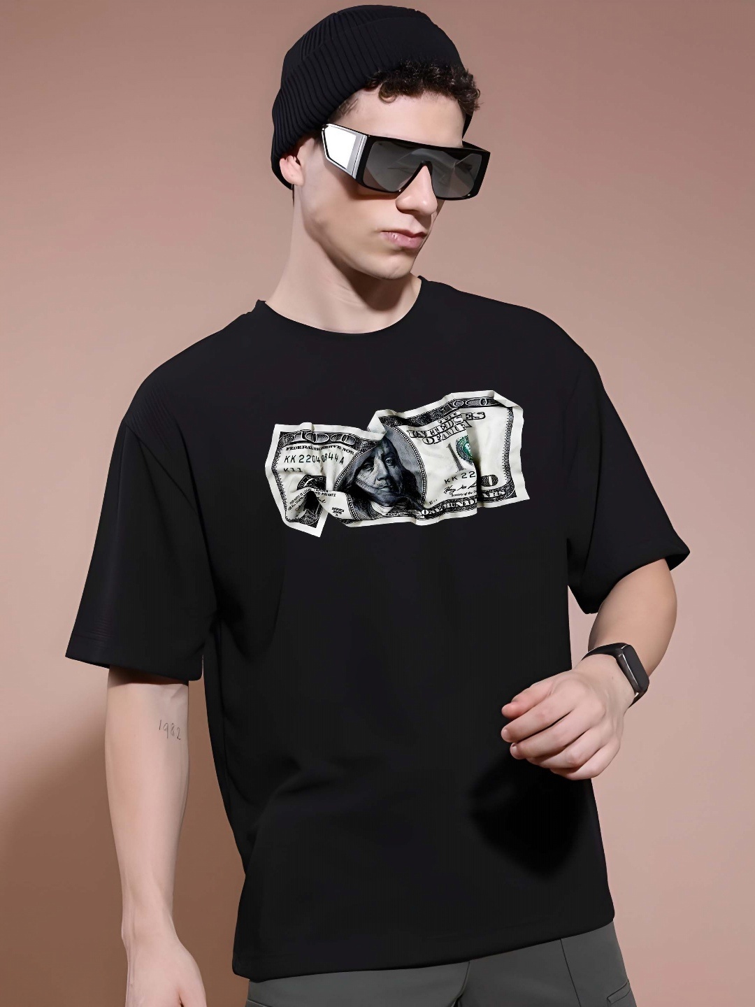 

SZN Men Graphic Printed Round Neck Cotton Oversized T-shirt, Black