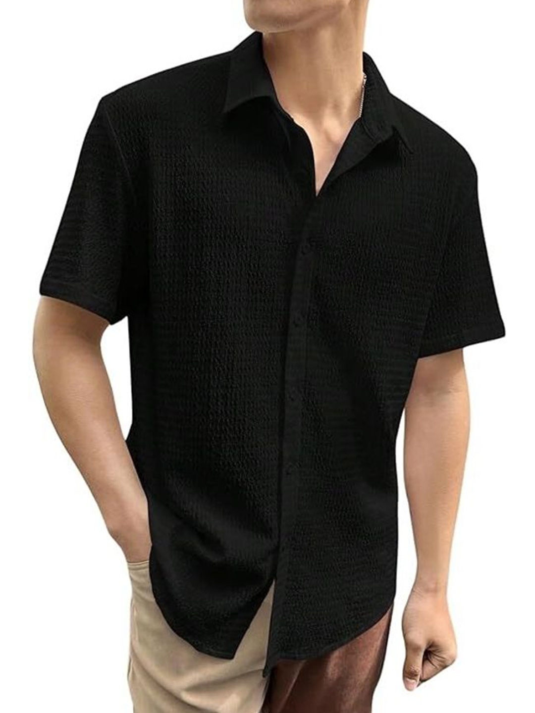 

iCome Men Relaxed Fit Spread Collar Textured Casual Shirt, Black