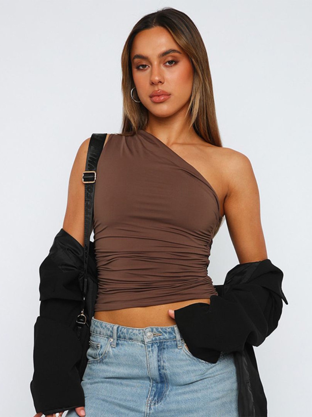 

StyleCast Women One Shoulder Twisted Fitted Crop Top, Brown