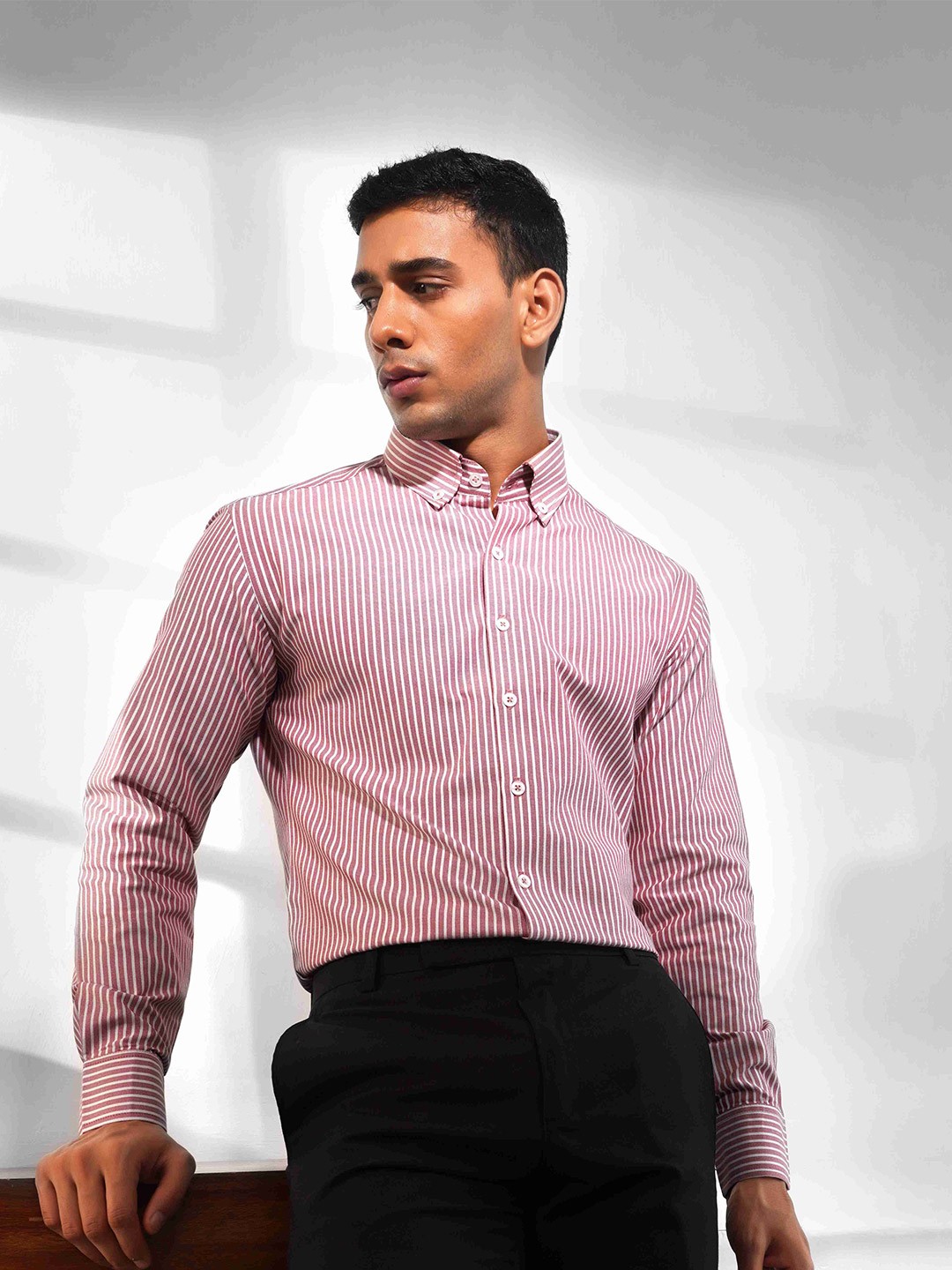 

Eleven Brothers Men Button-Down Collar Vertical Striped Cotton Formal Shirt, Red