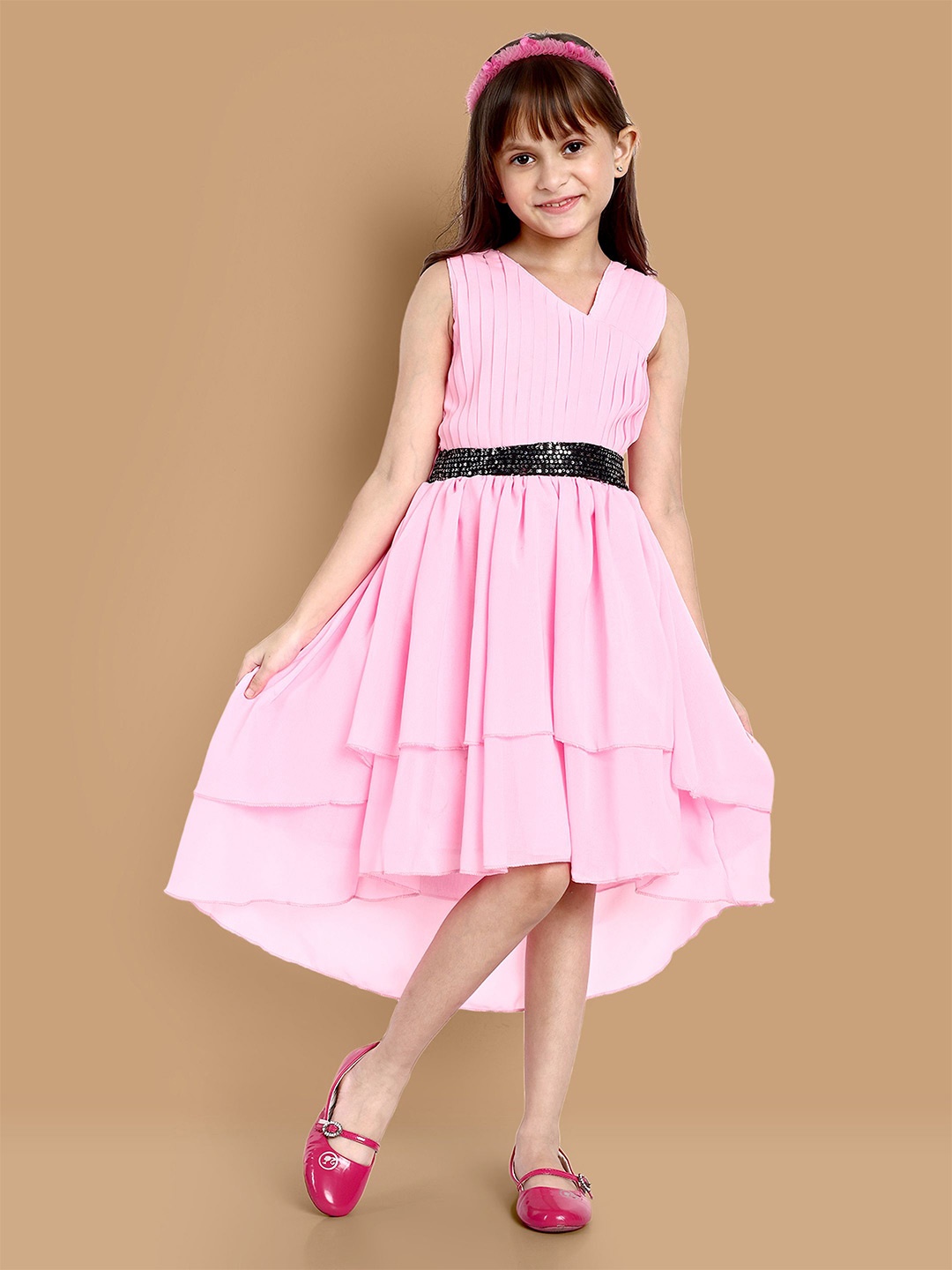 

YK Girls Layered Sequined Belted Fit & Flare Dress, Pink