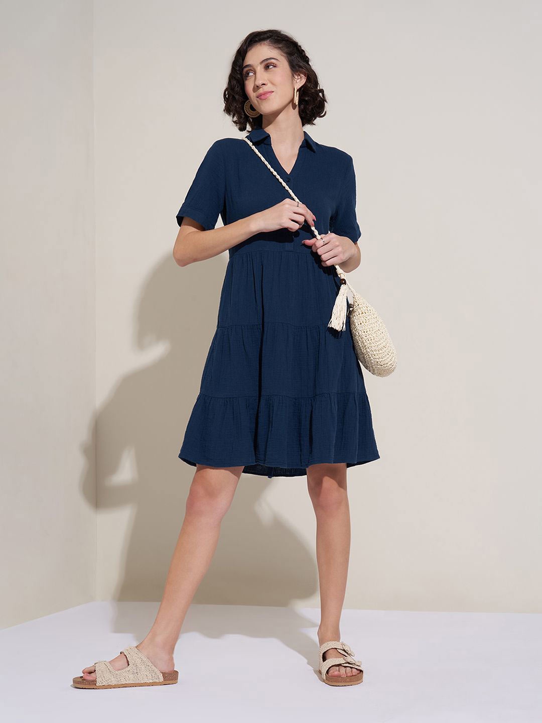 

Honey by Pantaloons Cotton Tiered Shirt Dress, Navy blue