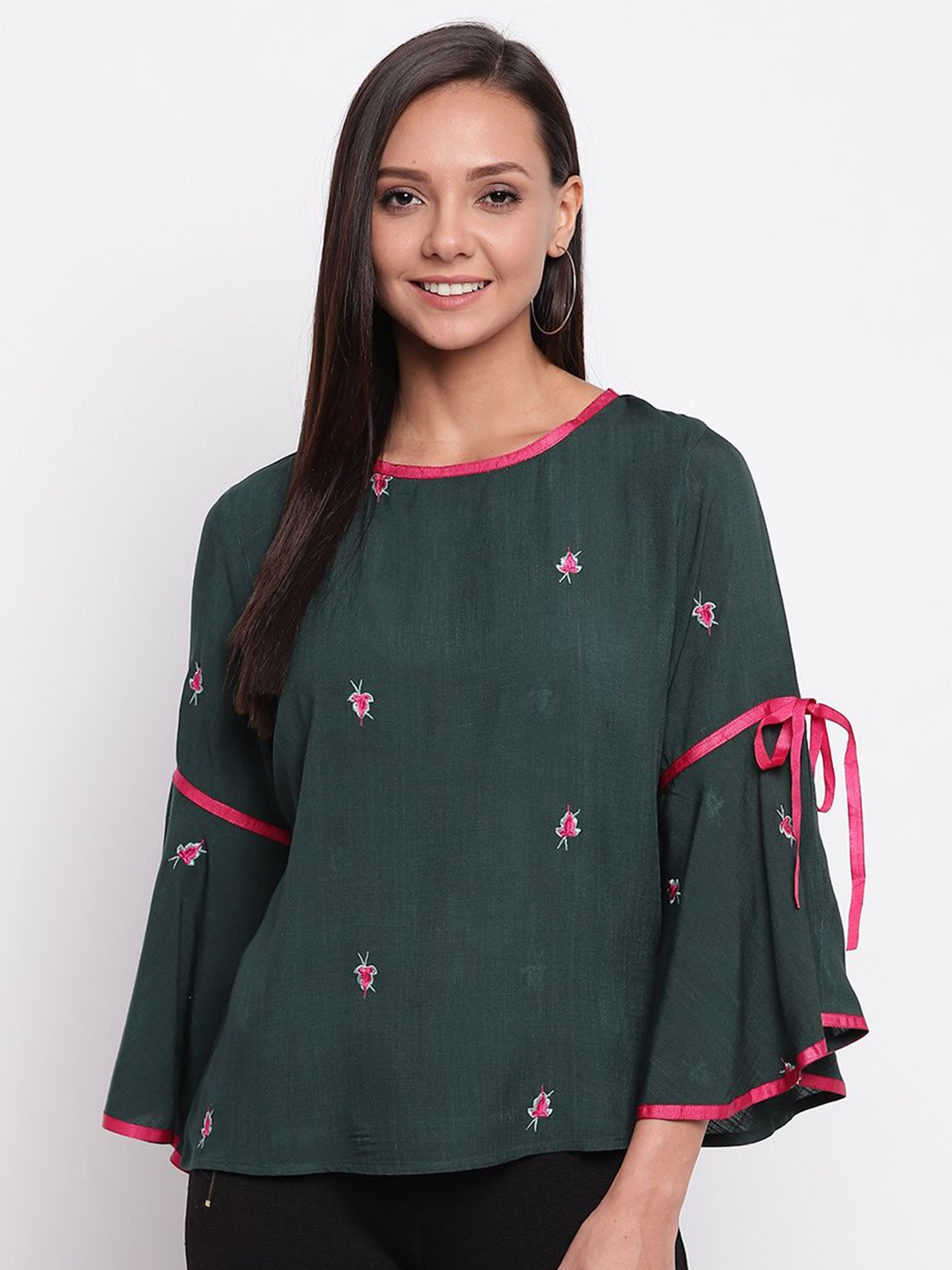 

DressBerry Women Floral Embroidered Round Neck Top, Olive