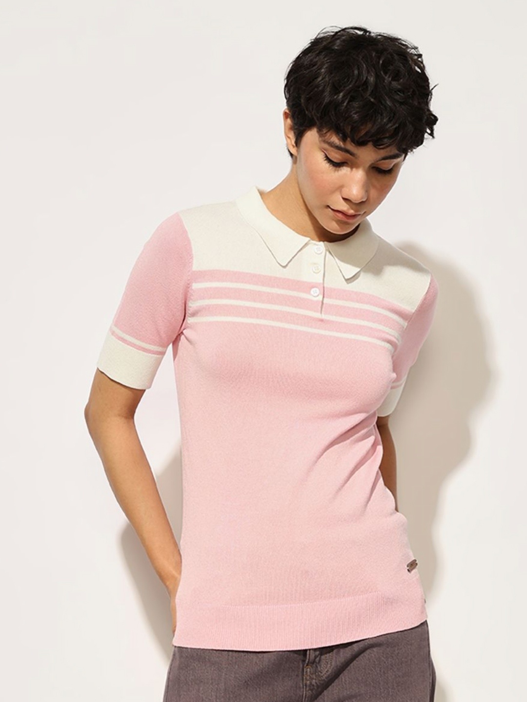 

ONLY Women Striped Polo Collar Cotton T-shirt, Pink