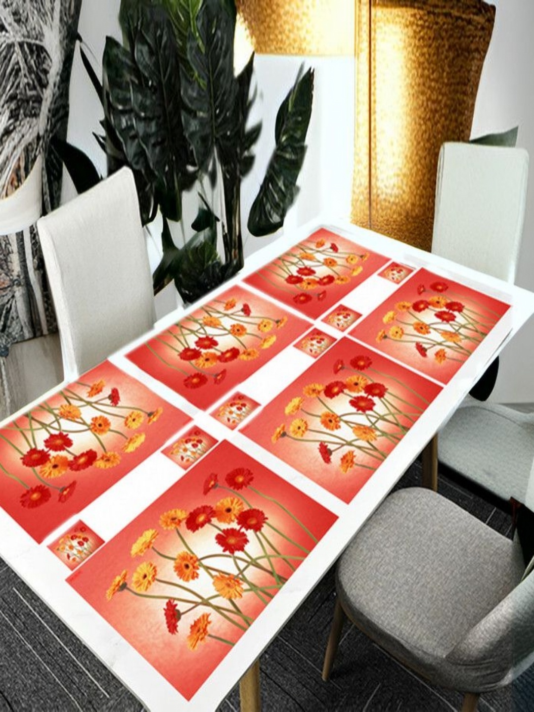 

REVEXO 6Pc Orange-coloured & Red Printed Rectangle Costers & Table Placemats