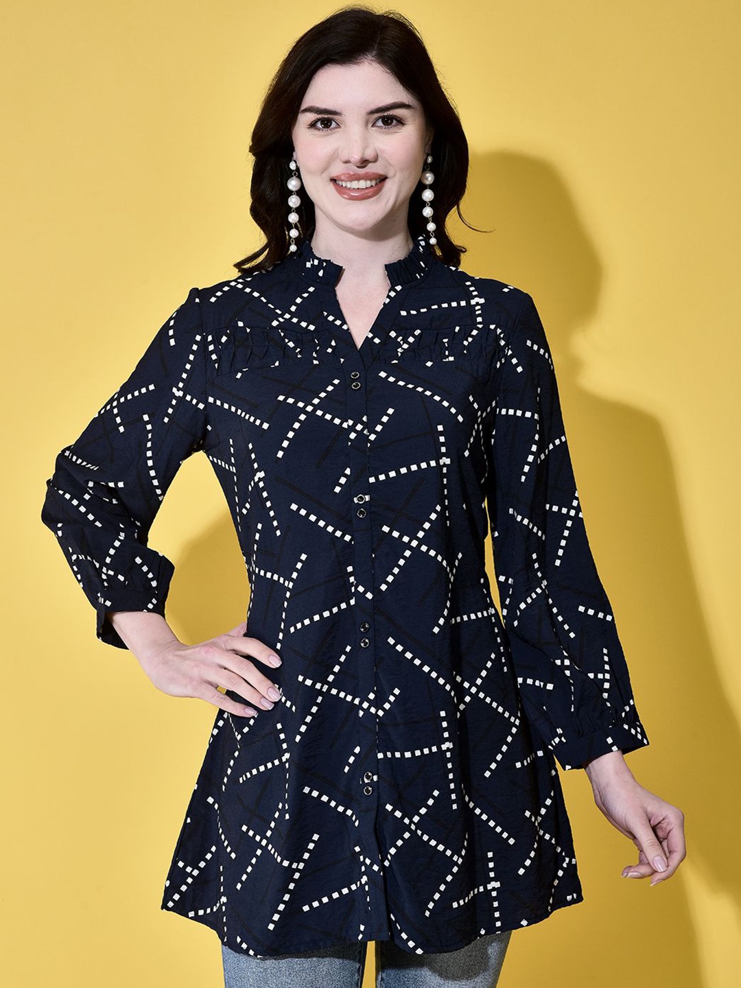 

FUTURO Women Geometric Printed Mandarin Collar Top, Navy blue