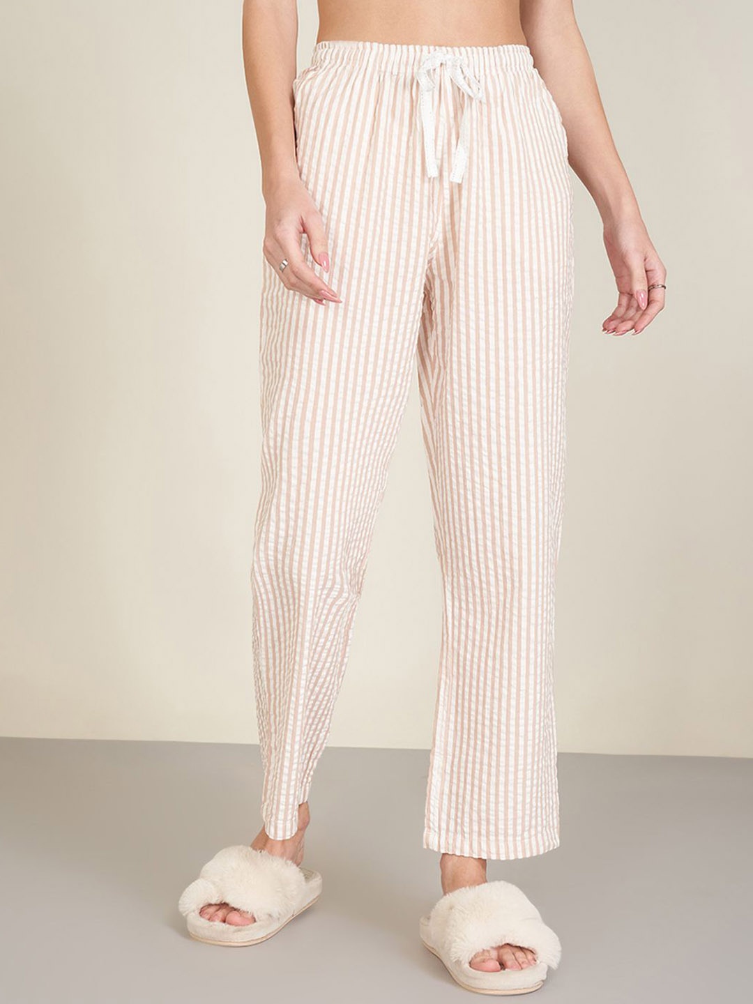 

Dreamz by Pantaloons Women Striped Pure Cotton Mid Rise Lounge Pants, Peach